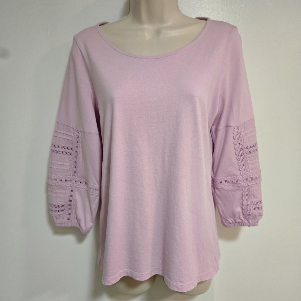 TALBOTS  Petite PS Lavender 100% Cotton 3/4 Cutout Sleeves‎ Soft Knit Top